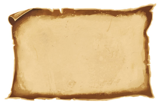 Digital illustration of a piece of old brown worn parchement paper. Ancient scroll. Isolated.