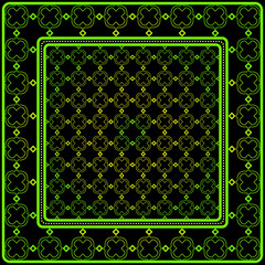 Obraz premium Geometric Ornament With Frame, Border. Art-Deco Background. Bandanna, Shawl, Scarf, Tablecloth Design. Black green color