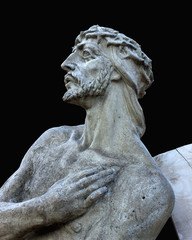 Naklejka premium Face of Jesus Christ. Pain, suffering, cross road