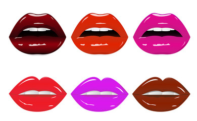 Fototapeta na wymiar Bright glamorous glossy lips with different colors. Sweet sexy pop art. Shining wet lipstick, white teeth. Vector illustration set of sexy woman's lips with different lipstick tones