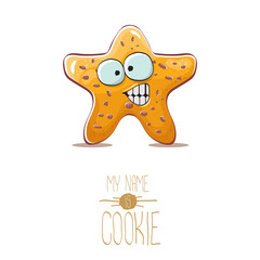 vector funny hand drawn star shape cookie character isolated on white background. My name is cookie concept illustration. funky lovely food character or bakery label mascot