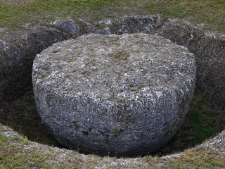 Close up of a round latte stone at the As Nieves Quarry on Rota, the largest megaliths in the Northern Mariana Islands. 