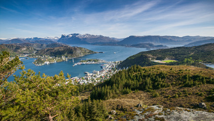 aerial landscape view on city of M&aring;l&oslash;y, port to stattlandet, the norwegian west cape, Norway