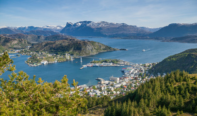 Fototapeta na wymiar aerial landscape view on city of Måløy, port to stattlandet, the norwegian west cape, Norway