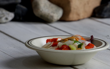 seafood on white table