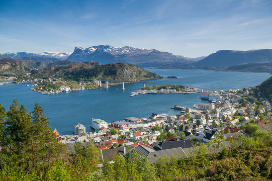 aerial landscape view on city of M&aring;l&oslash;y, port to stattlandet, the norwegian west cape, Norway