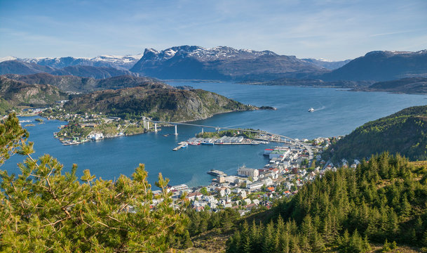 aerial landscape view on city of M&aring;l&oslash;y, port to stattlandet, the norwegian west cape, Norway