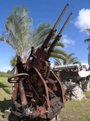 Ruins of World War 11 aircraft guns displayed by the roadside at the Rota International Airport, Northern Mariana Islands 