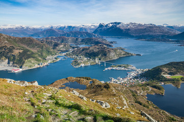 Fototapeta na wymiar aerial landscape view on city of Måløy, port to stattlandet, the norwegian west cape, Norway