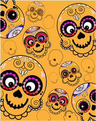 Seamless vector pattern with sugar skulls on orange background. Vector illustration in flat style