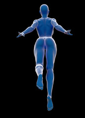 Slim attractive sportswoman flying against a black background. 3d illustration