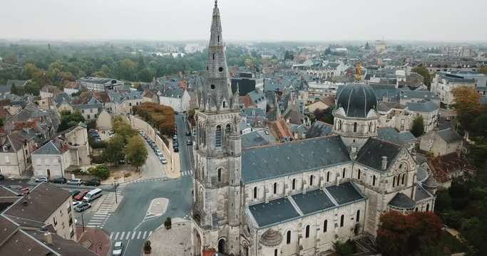 Aerial view of picturesque Chateauroux cityscape with Catholic Church of Our Lady, central France