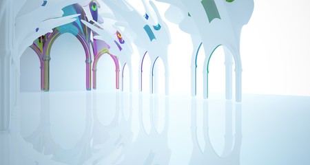 Abstract white and colored gradient smooth glasses gothic interior. 3D illustration and rendering.