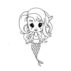 Vector illustration of cute and pretty smiling little baby girl  mermaid  with beautiful hair isolated at white background. Coloring page for kids. Cartoon doodle chibi style. 