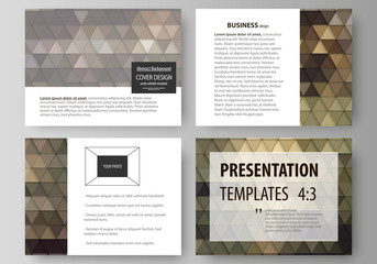 Set of business templates for presentation slides. Easy editable vector layouts in flat design. Abstract multicolored backgrounds. Geometrical patterns. Triangular and hexagonal style.
