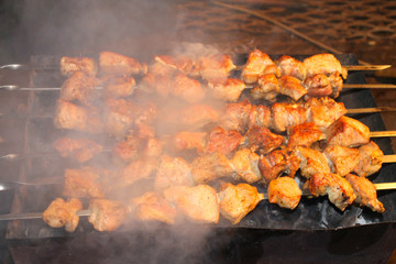 tasty juicy pieces of meat fried on coals. barbecue on the grill