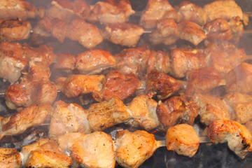 tasty juicy pieces of meat fried on coals. barbecue on the grill