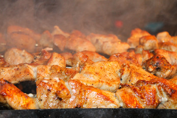 tasty juicy pieces of meat fried on coals. barbecue on the grill
