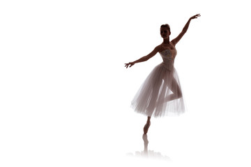 woman ballerina in white long skirt posing on white background photo made in the style of 