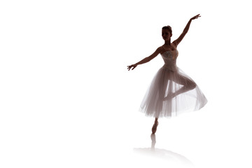 woman ballerina in white long skirt posing on white background photo made in the style of "low key" © Kozlik_mozlik