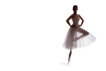 woman ballerina in white long skirt posing on white background photo made in the style of 