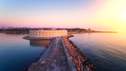Fototapeta premium Aerial view on port of Sevastopol, Crimea. Picturesque sunset. 