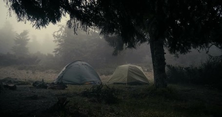 Two spherical tents in a grassy lawn in a forest of the Carpathians in slo-mo