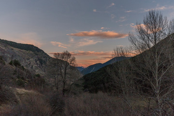 Sunset in the national park of Aigüestortes i Estany de Sant Maurici, Lérida, Catalonia, Spain