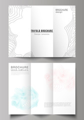 The minimal vector illustration of editable layouts. Modern creative covers design templates for trifold brochure or flyer. Topographic contour map, abstract monochrome background.
