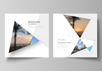 The minimal vector layout of two square format covers design templates for brochure, flyer, magazine. Creative modern background with blue triangles and triangular shapes. Simple design decoration.