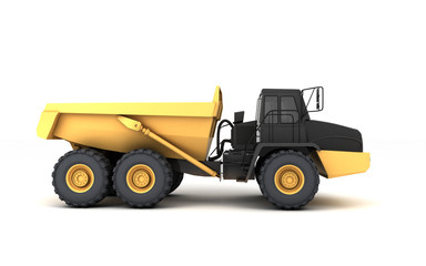Yellow powerful articulated dumper truck isolated on white background. Right side view. Eye level.