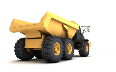 Yellow powerful articulated dumper truck isolated on white background. Rear side view. Perspective. Low angle. Wide angle. Right side.