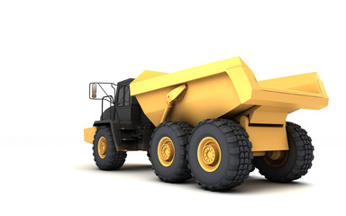 Yellow powerful articulated dumper truck isolated on white background. Rear side view. Perspective. Low angle. Wide angle. Left side.