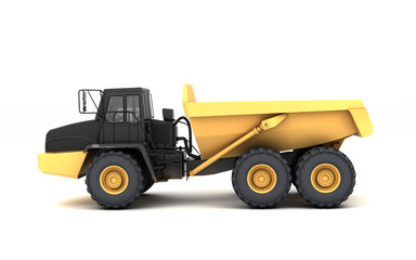 Yellow powerful articulated dumper truck isolated on white background. Left side view. Eye level.