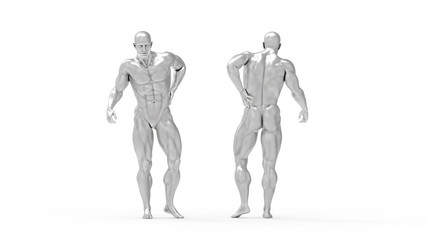 Male torso made of steel, pain in the back isolated on white background. 3d rendered medical illustration