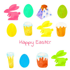  Easter watercolor set. Color eggs, kulich, cottage cheese Easter - traditional Russian treats. Isolated icons minimalism