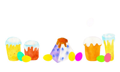  Easter watercolor set. Color eggs, kulich, cottage cheese Easter - traditional Russian treats. Isolated icons minimalism