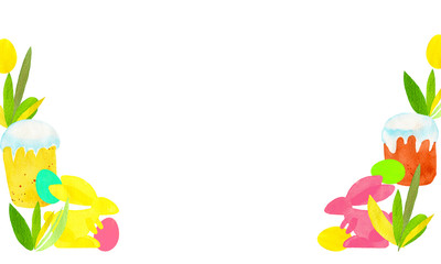 Easter watercolor set frame. Color eggs, kulich, cottage cheese Easter - traditional Russian treats. Isolated icons minimalism