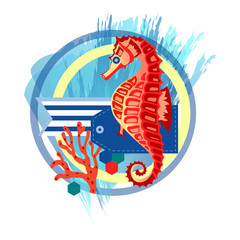 sea, bright composition with a sea horse in a round frame, abstract illustration