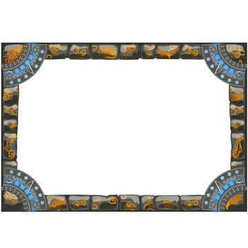 Frame made of grey stones with ancient ornament with space for your text or image isolated on white background. Vector cartoon close-up illustration.