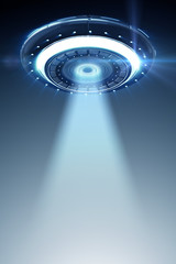 Illustration of flying saucer emitting light - 3d rendering © Elnur