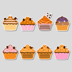 Set of yummy cake sticker, muffin isolated on background. Colorful sweet homemade bakery with cherry, chocolate. Tasty cupcake. Party, celebration concept. Vector flat design