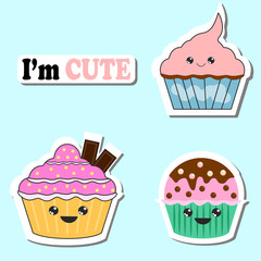 Set of yummy kawaii cake, muffin sticker isolated on blue background. Funny character face. Colourful sweet homemade bakery. Tasty cupcake. Party, celebration concept. Vector flat design