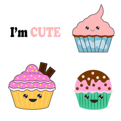 Set of yummy kawaii cake, muffin isolated on white background. Funny character face. Colourful sweet homemade bakery. Tasty cupcake. Party, celebration concept. Vector flat design
