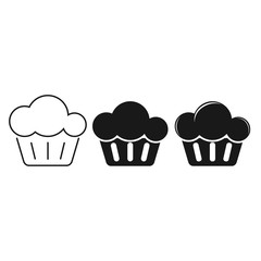Set of yummy cake icon, muffin isolated on white background. Sweet homemade bakery with cherry, chocolate. Tasty cupcake. Party, celebration concept. Vector flat design
