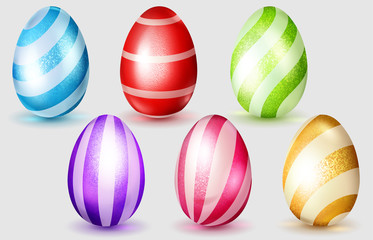 Set of realistic multicolored Easter eggs with glares, light stripes and soft shadows on white background