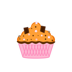 Yummy cake, muffin isolated on white background. Colorful sweet homemade bakery with cherry, chocolate. Tasty cupcake. Party, celebration concept. Vector flat design