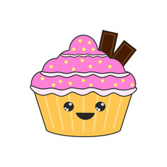 Yummy kawaii cake, muffin isolated on white background. Funny character face. Colourful sweet homemade bakery. Tasty cupcake with fruits. Party, celebration concept. Vector flat design