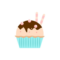 Yummy cake, muffin isolated on white background. Colorful sweet homemade bakery with cherry, chocolate. Tasty cupcake. Party, celebration concept. Vector flat design