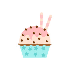 Yummy cake, muffin isolated on white background. Colorful sweet homemade bakery with cherry, chocolate. Tasty cupcake. Party, celebration concept. Vector flat design